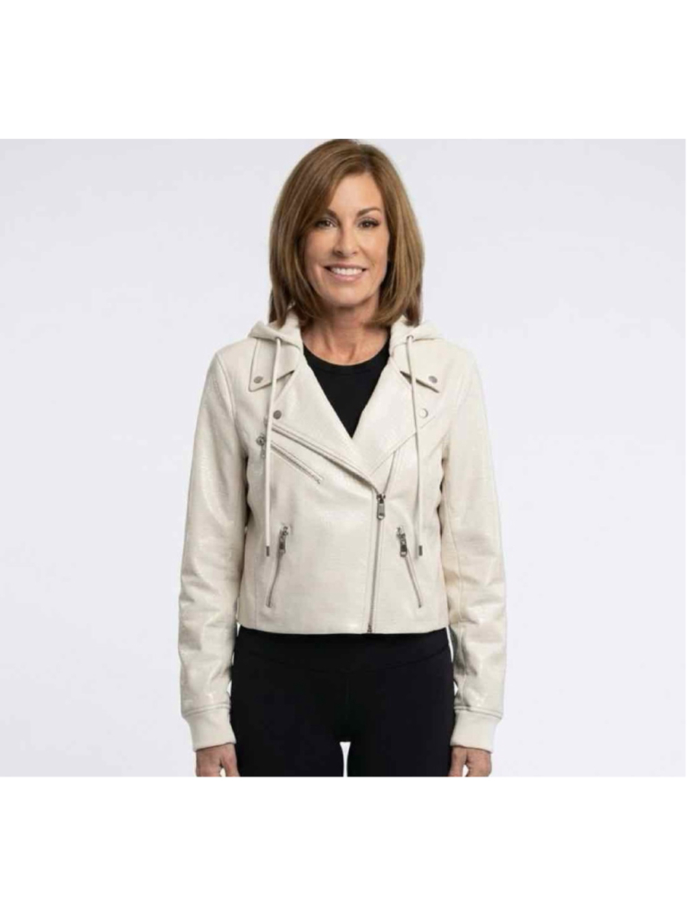 Cinq à Sept Evie Hooded Faux Leather Moto Jacket Cream Size S